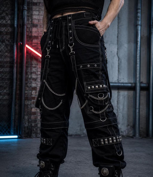 2 in 1 Cyberpunk Gothic Cargo convertible Pants for Men | Black Industrial Techwear Pants with Chains & Straps NorixaFashion.com