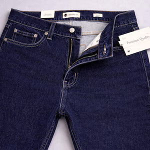 Men's Dark Wash Slim Fit Jeans | Beige Contrast Stitch Denim Pants NorixaFashion.com