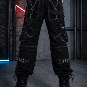 2 in 1 Cyberpunk Gothic Cargo convertible Pants for Men | Black Industrial Techwear Pants with Chains & Straps NorixaFashion.com