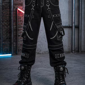 2 in 1 Cyberpunk Gothic Cargo convertible Pants for Men | Black Industrial Techwear Pants with Chains & Straps NorixaFashion.com