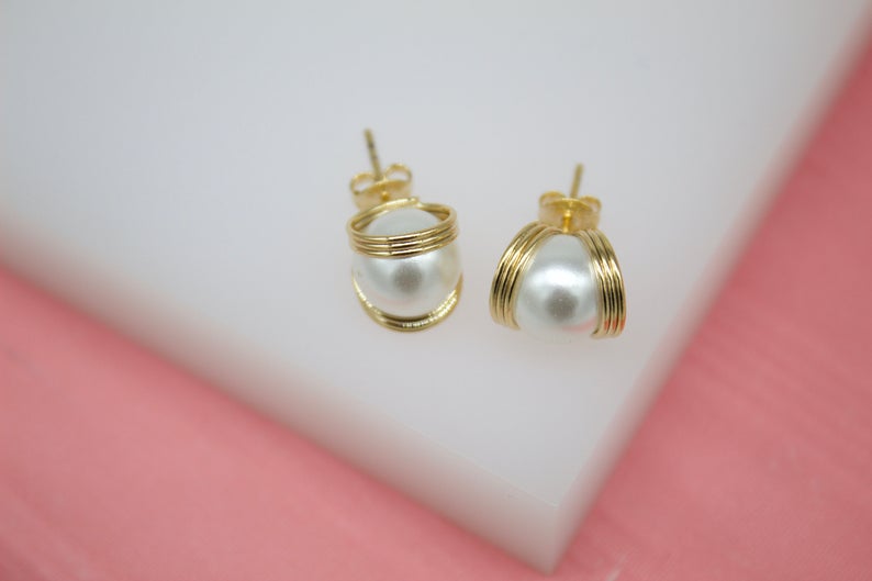 18K Gold Filled Pearl Stud Earrings With Golden Rings LuxuryLifeWay Online Store