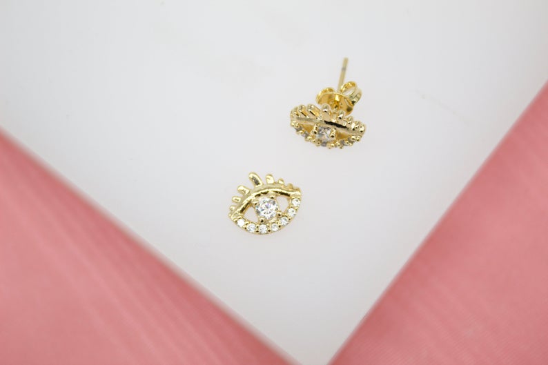 18K Gold Filled Evil Eye Stud Earrings With Clear CZ Stones (L76) LuxuryLifeWay Online Store