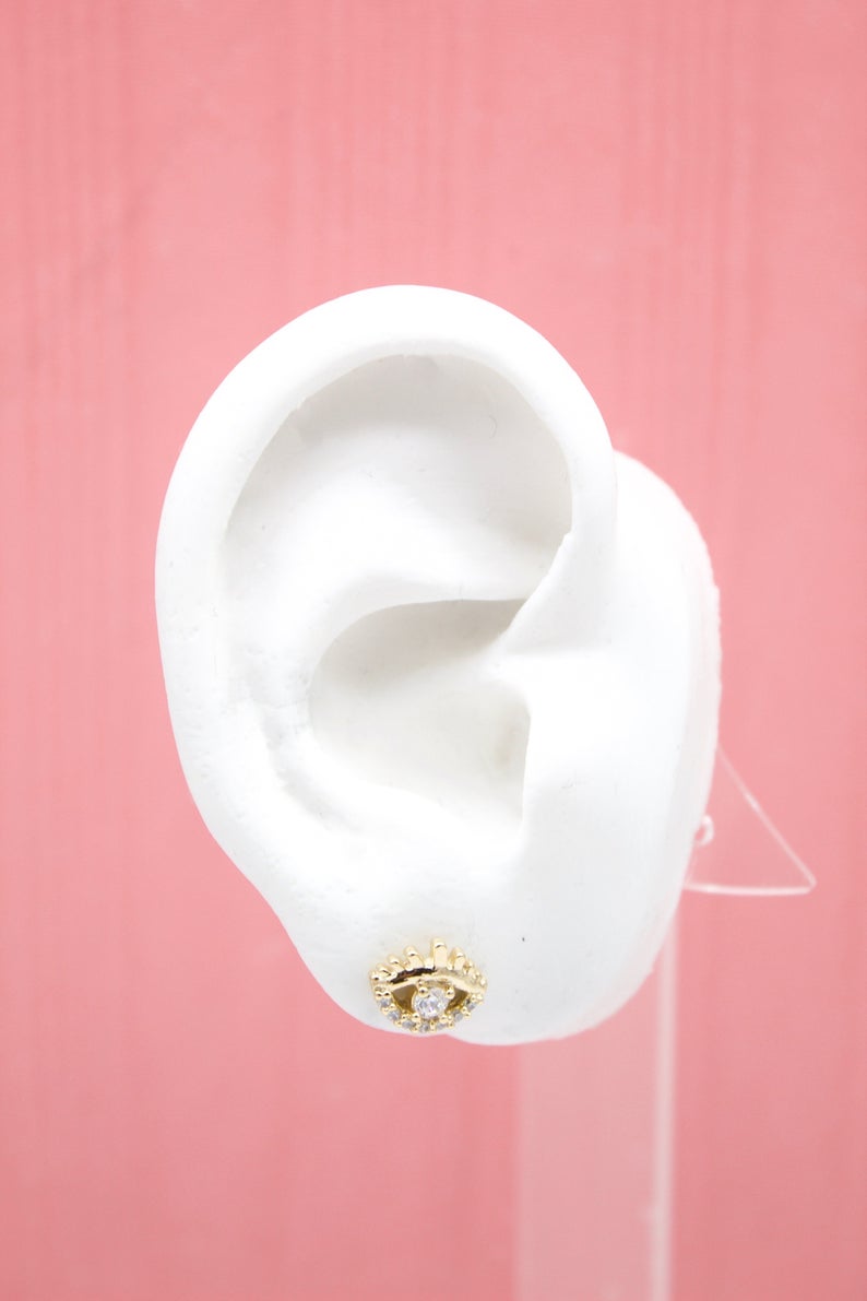 18K Gold Filled Evil Eye Stud Earrings With Clear CZ Stones (L76) LuxuryLifeWay Online Store