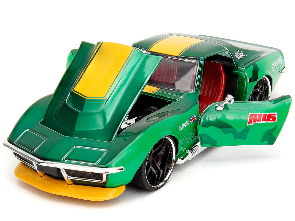 1969 Chevrolet Corvette Stingray ZL1 Green Metallic with Yellow Stripes and Cammy Diecast Figure "Street Fighter" Video Game "Anime Hollywood Rides" Series 1/24 Diecast Model Car by Jada LuxuryLifeWay Online Store