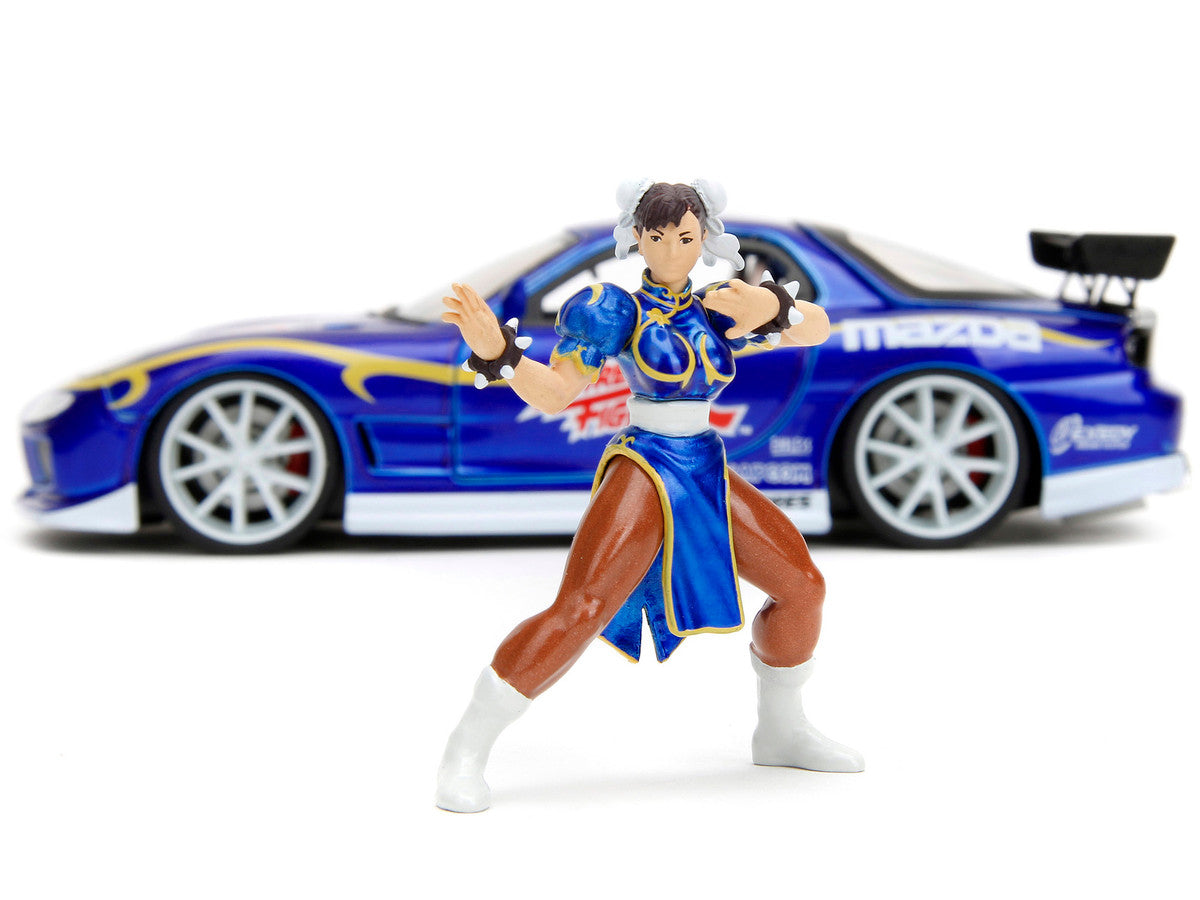 1993 Mazda RX-7 Candy Blue Metallic with Graphics and Chun-Li Diecast Figure "Street Fighter" Video Game "Anime Hollywood Rides" Series 1/24 Diecast Model Car by Jada LuxuryLifeWay Online Store