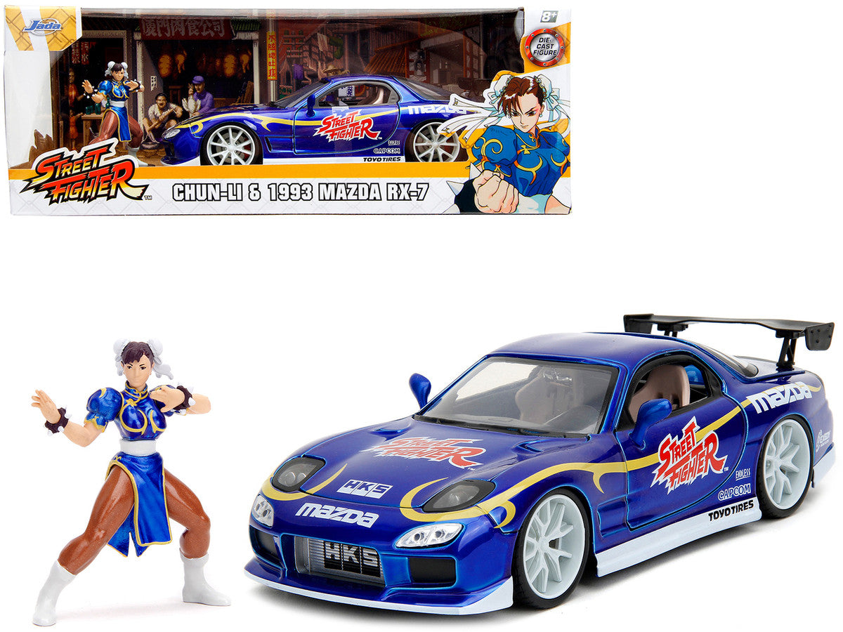 1993 Mazda RX-7 Candy Blue Metallic with Graphics and Chun-Li Diecast Figure "Street Fighter" Video Game "Anime Hollywood Rides" Series 1/24 Diecast Model Car by Jada LuxuryLifeWay Online Store