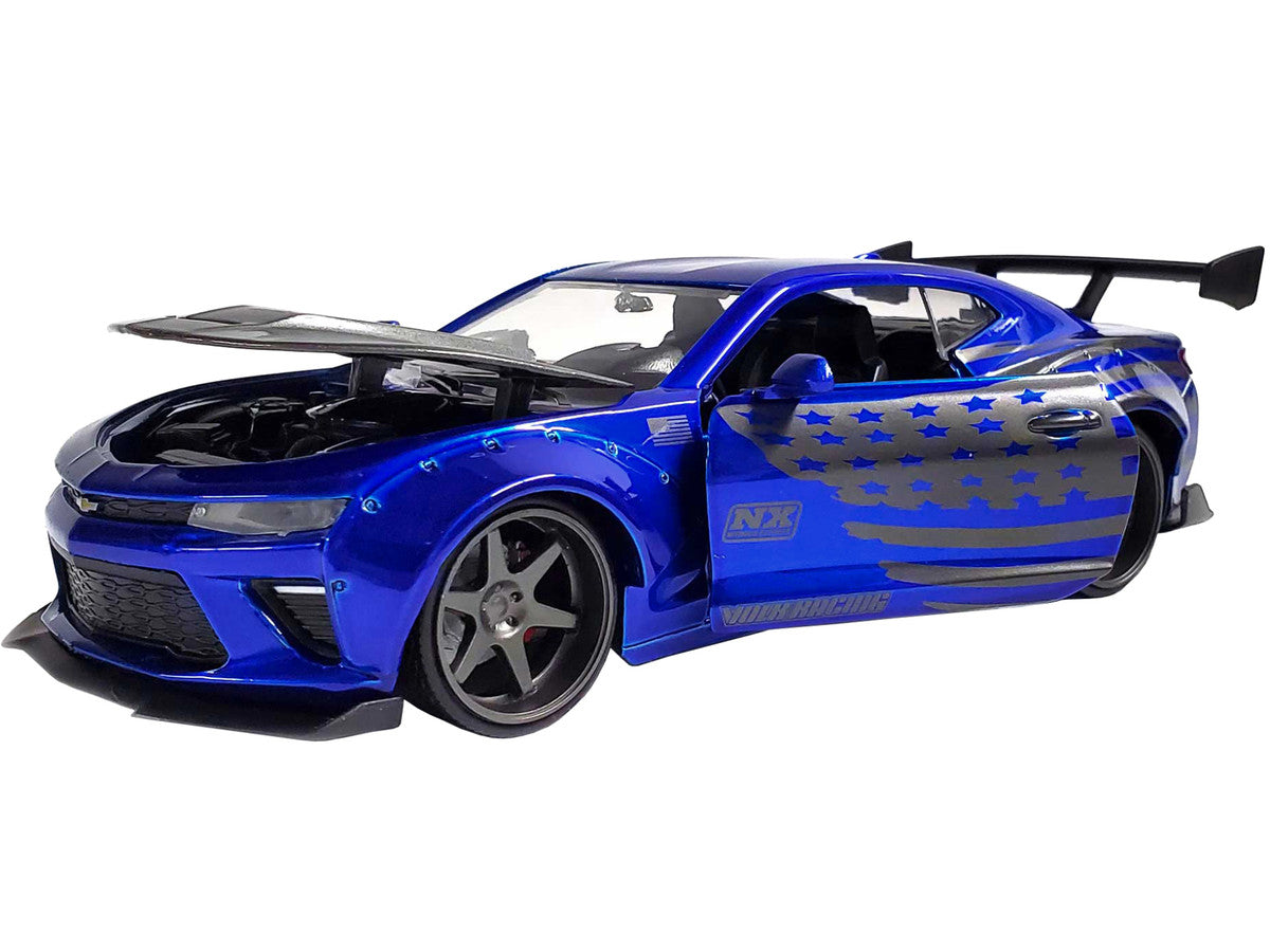 2016 Chevrolet Camaro Widebody Candy Blue with Gray Metallic Hood and American Flag Graphics "Bigtime Muscle" Series 1/24 Diecast Model Car by Jada LuxuryLifeWay Online Store