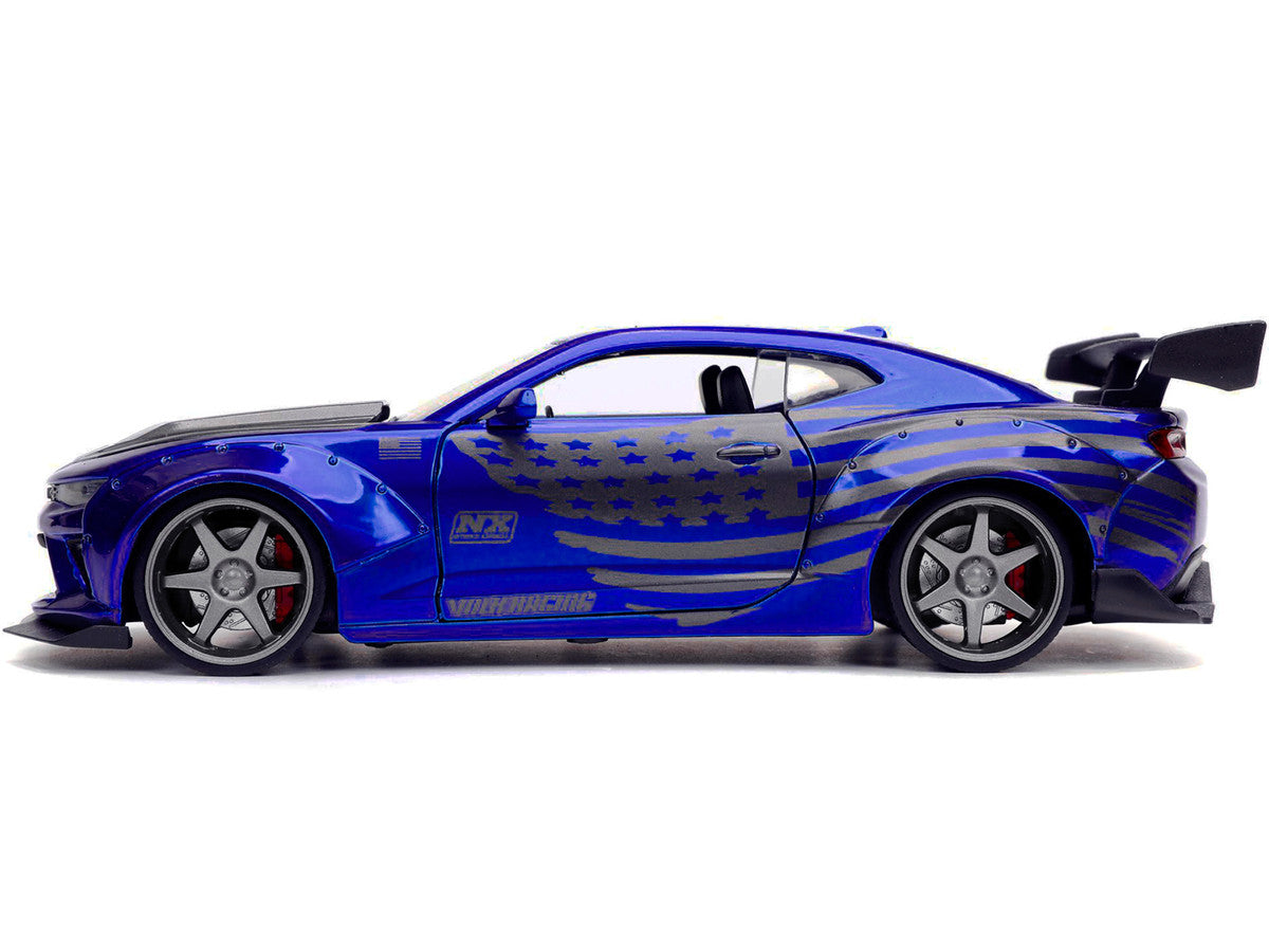 2016 Chevrolet Camaro Widebody Candy Blue with Gray Metallic Hood and American Flag Graphics "Bigtime Muscle" Series 1/24 Diecast Model Car by Jada LuxuryLifeWay Online Store