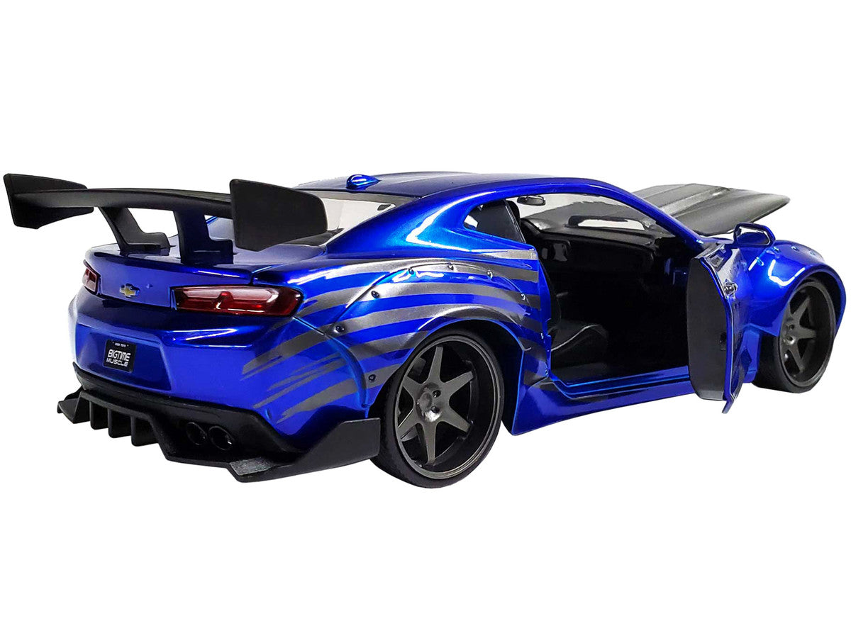 2016 Chevrolet Camaro Widebody Candy Blue with Gray Metallic Hood and American Flag Graphics "Bigtime Muscle" Series 1/24 Diecast Model Car by Jada LuxuryLifeWay Online Store