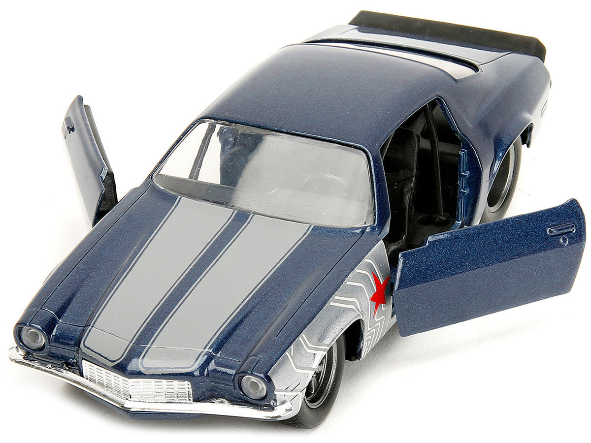 1973 Chevrolet Camaro Dark Blue Metallic with Gray Stripes and Winter Soldier Diecast Figure "Marvel Avengers" "Hollywood Rides" Series 1/32 Diecast Model Car by Jada LuxuryLifeWay Online Store