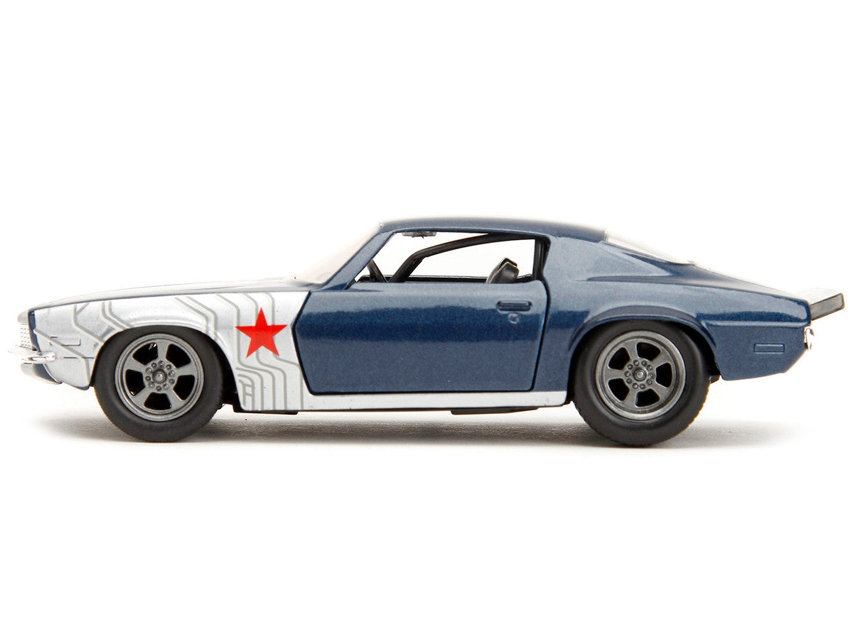 1973 Chevrolet Camaro Dark Blue Metallic with Gray Stripes and Winter Soldier Diecast Figure "Marvel Avengers" "Hollywood Rides" Series 1/32 Diecast Model Car by Jada LuxuryLifeWay Online Store