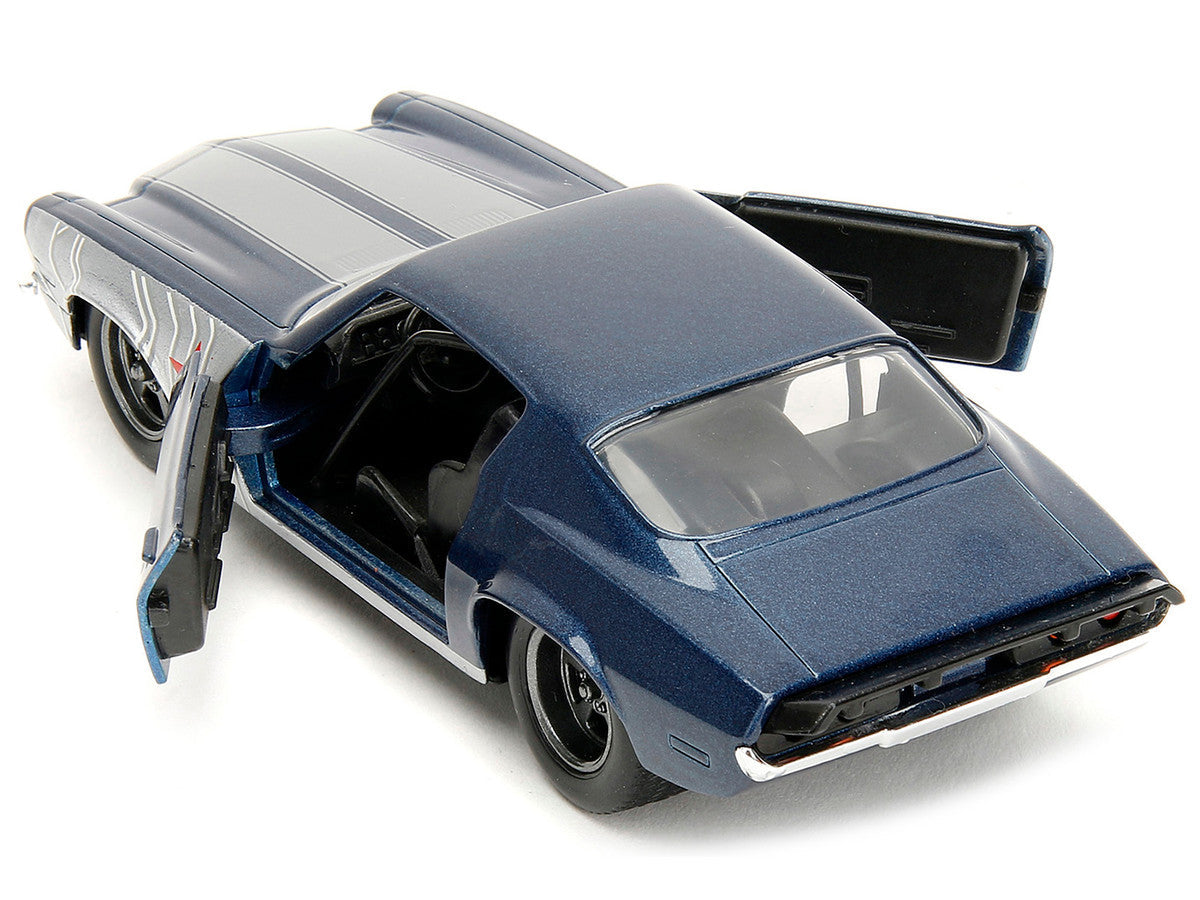 1973 Chevrolet Camaro Dark Blue Metallic with Gray Stripes and Winter Soldier Diecast Figure "Marvel Avengers" "Hollywood Rides" Series 1/32 Diecast Model Car by Jada LuxuryLifeWay Online Store