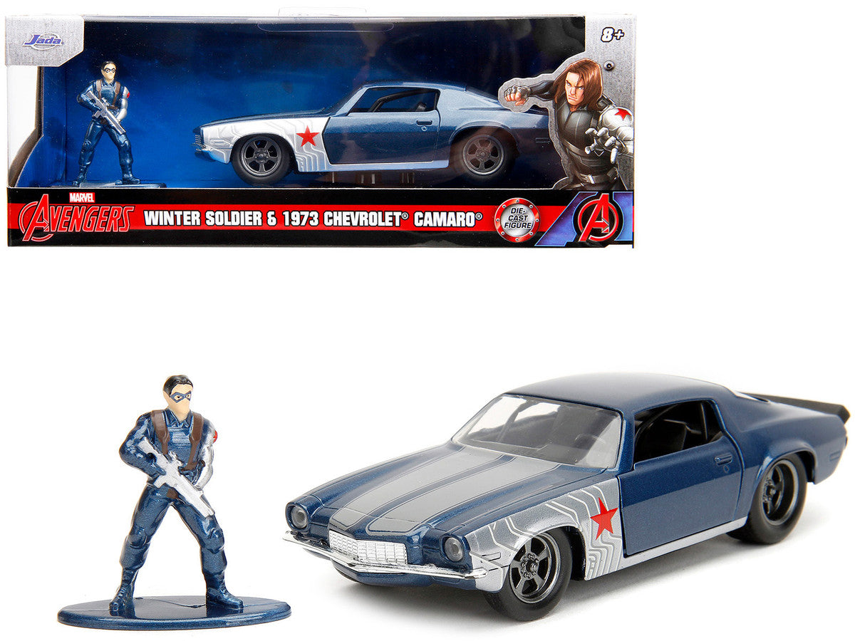 1973 Chevrolet Camaro Dark Blue Metallic with Gray Stripes and Winter Soldier Diecast Figure "Marvel Avengers" "Hollywood Rides" Series 1/32 Diecast Model Car by Jada LuxuryLifeWay Online Store