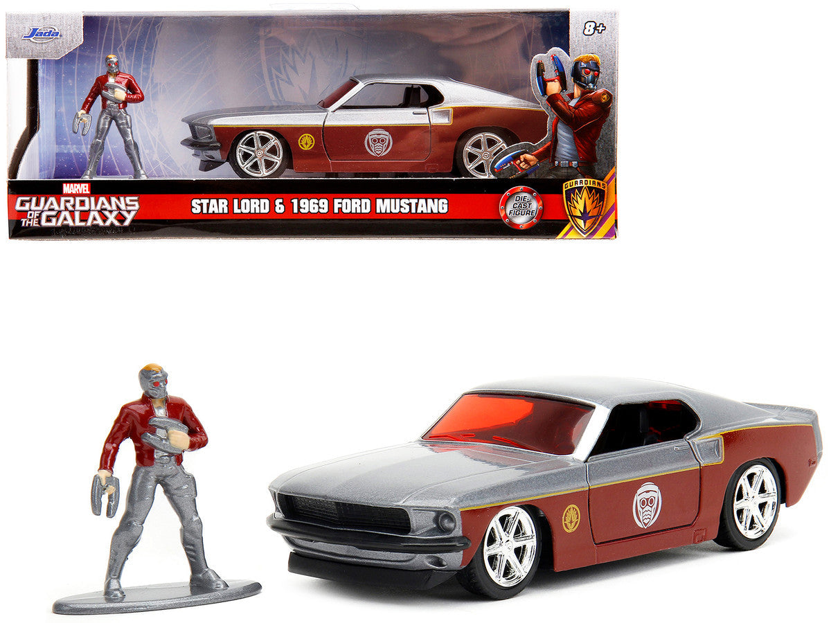 1969 Ford Mustang Silver Metallic and Dark Red and Star Lord Diecast Figure "Marvel Guardians of the Galaxy" "Hollywood Rides" Series 1/32 Diecast Model Car by Jada LuxuryLifeWay Online Store