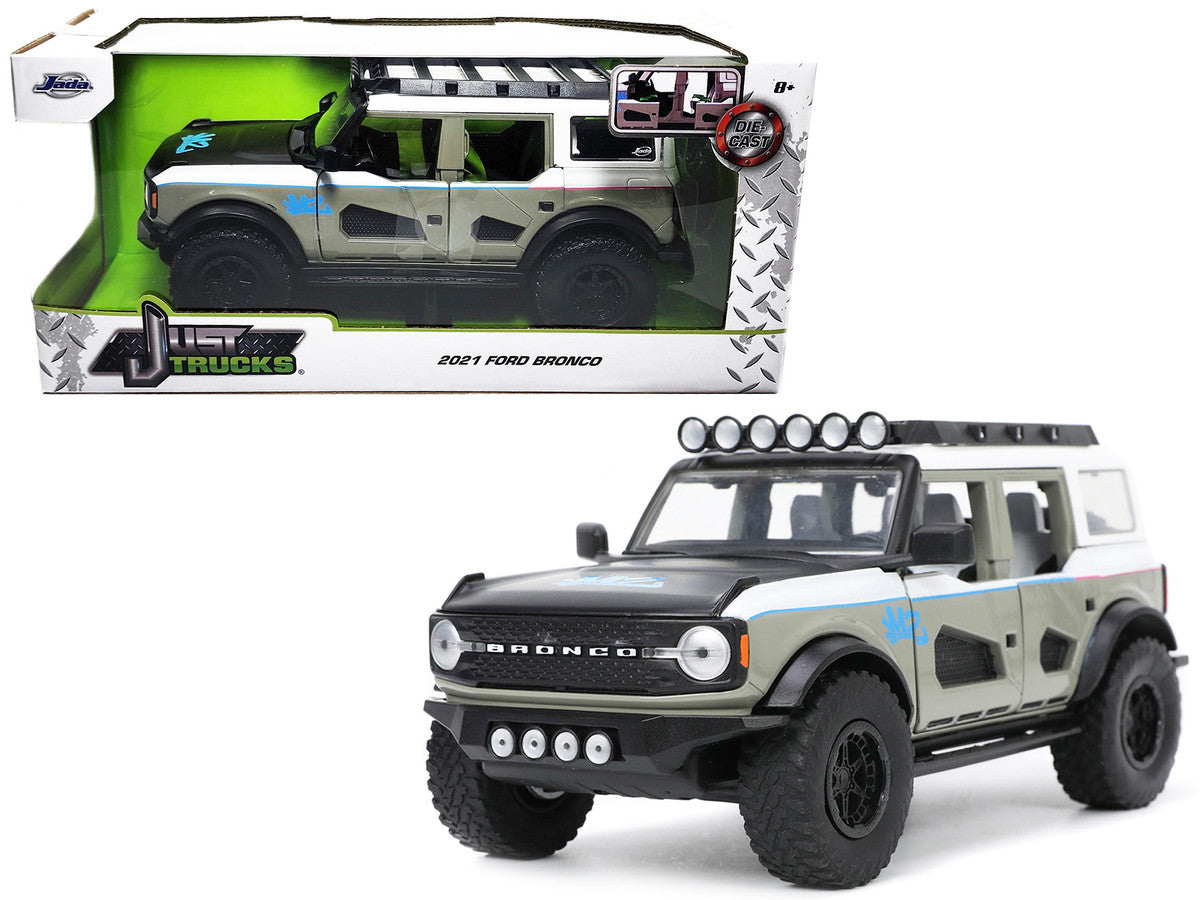 2021 Ford Bronco Gray and White with Matt Black Hood with Roof Rack "M2 Motoring" "Just Trucks" Series 1/24 Diecast Model Car by Jada LuxuryLifeWay Online Store