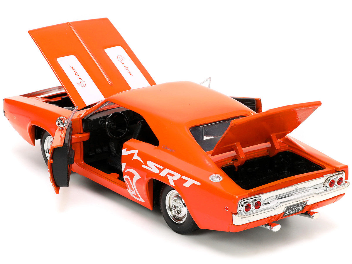 1968 Dodge Charger R/T SRT Orange with White Stripes and Graphics "Bigtime Muscle" Series 1/24 Diecast Model Car by Jada LuxuryLifeWay Online Store