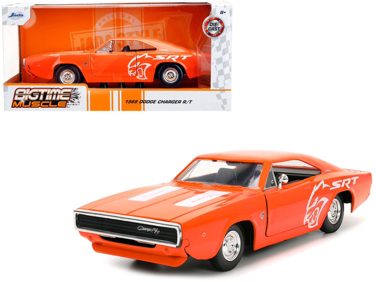 1968 Dodge Charger R/T SRT Orange with White Stripes and Graphics "Bigtime Muscle" Series 1/24 Diecast Model Car by Jada LuxuryLifeWay Online Store