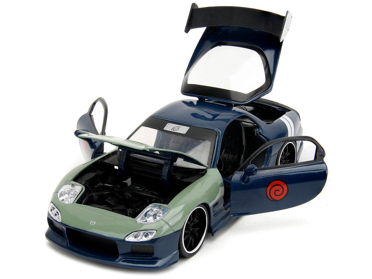 1993 Mazda RX-7 Dark Blue with Green Hood and Kakashi Hatake Diecast Figure "Naruto Shippuden" (2009-2017) TV Series "Anime Hollywood Rides" Series 1/24 Diecast Model Car by Jada LuxuryLifeWay Online Store