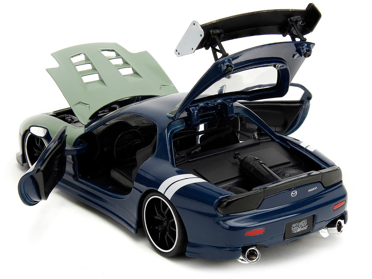 1993 Mazda RX-7 Dark Blue with Green Hood and Kakashi Hatake Diecast Figure "Naruto Shippuden" (2009-2017) TV Series "Anime Hollywood Rides" Series 1/24 Diecast Model Car by Jada LuxuryLifeWay Online Store