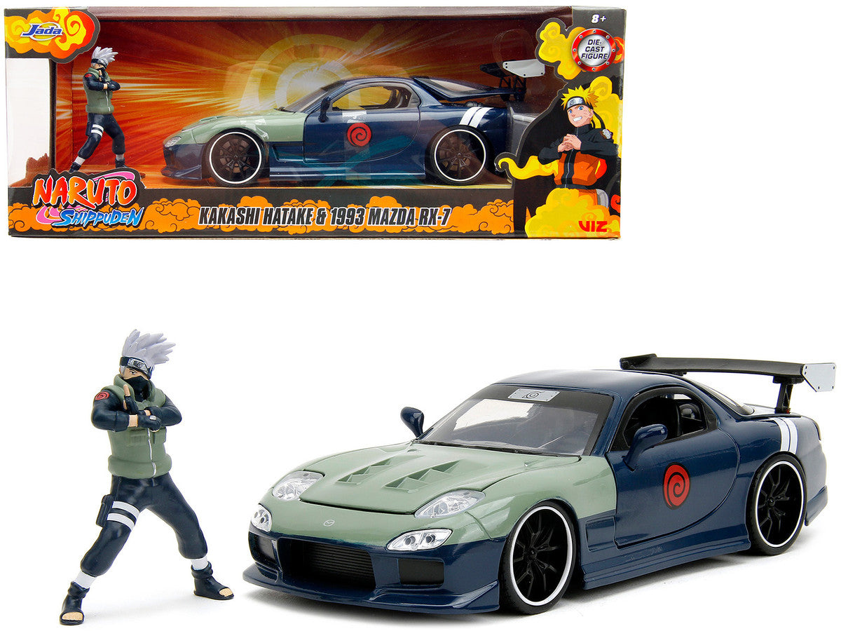 1993 Mazda RX-7 Dark Blue with Green Hood and Kakashi Hatake Diecast Figure "Naruto Shippuden" (2009-2017) TV Series "Anime Hollywood Rides" Series 1/24 Diecast Model Car by Jada LuxuryLifeWay Online Store