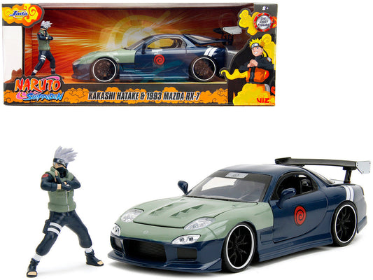 1993 Mazda RX-7 Dark Blue with Green Hood and Kakashi Hatake Diecast Figure "Naruto Shippuden" (2009-2017) TV Series "Anime Hollywood Rides" Series 1/24 Diecast Model Car by Jada LuxuryLifeWay Online Store