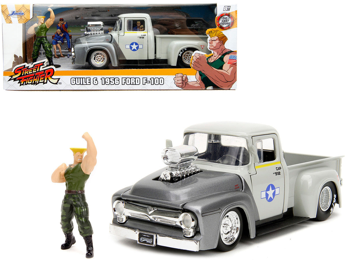 1956 Ford F-100 Pickup Truck Tan and Gray Metallic and Guile Diecast Figure "Street Fighter" Video Game "Anime Hollywood Rides" Series 1/24 Diecast Model Car by Jada LuxuryLifeWay Online Store