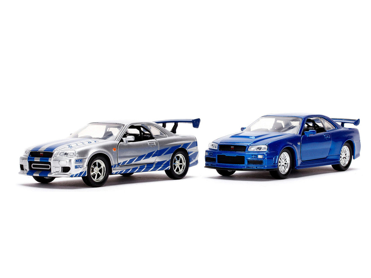 Brian's Nissan Skyline GT-R (BNR34) Silver with Blue Stripes and Nissan GT-R (BNR34) Blue Metallic Set of 2 pieces "25 Years of Fast & Furious" Series 1/32 Diecast Model Cars by Jada LuxuryLifeWay Online Store