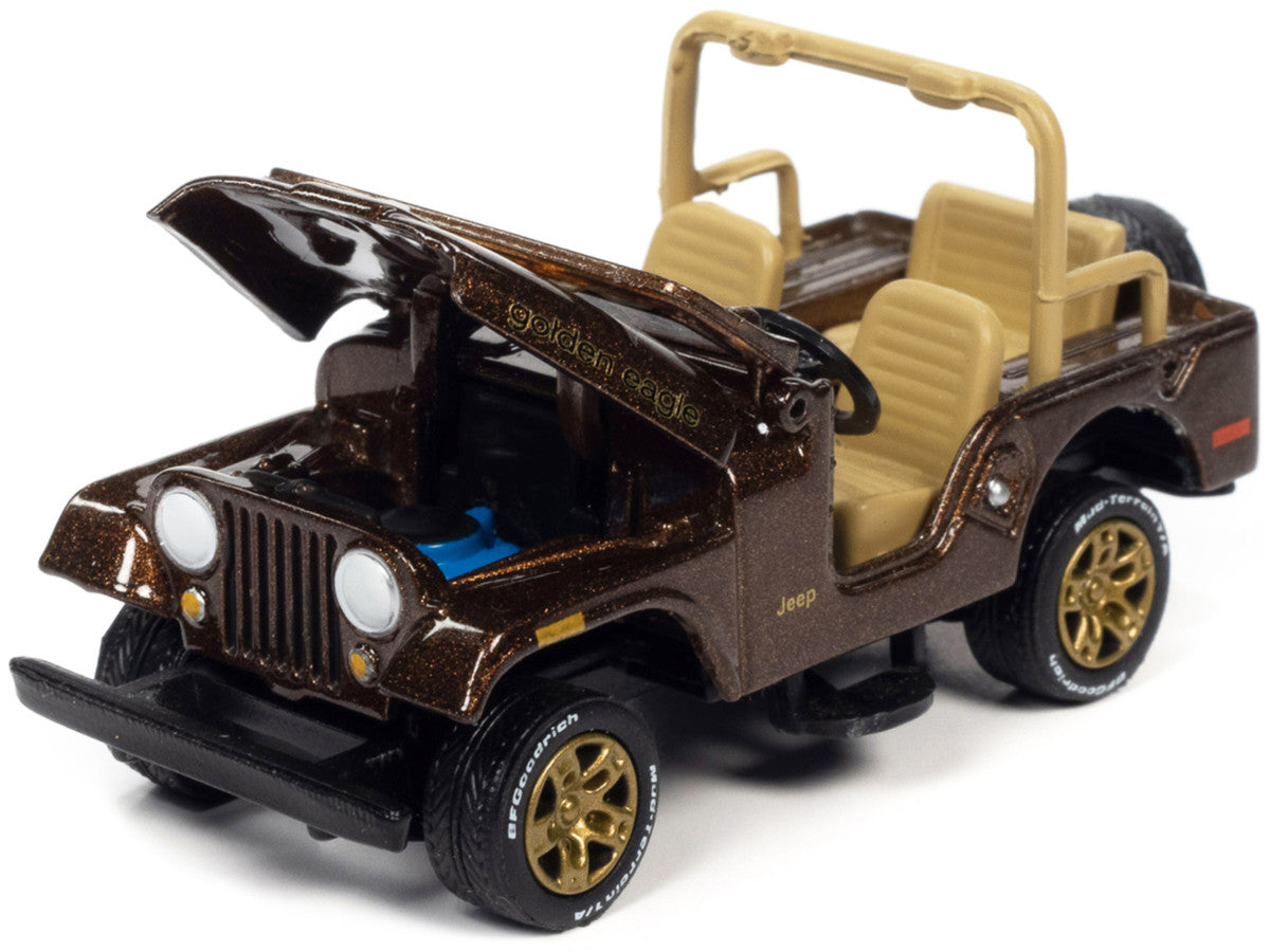 Jeep CJ-5 Mocha Brown Metallic with Golden Eagle Graphics "Classic Gold Collection" Series Limited Edition to 7418 pieces Worldwide 1/64 Diecast Model Car by Johnny Lightning LuxuryLifeWay Online Store