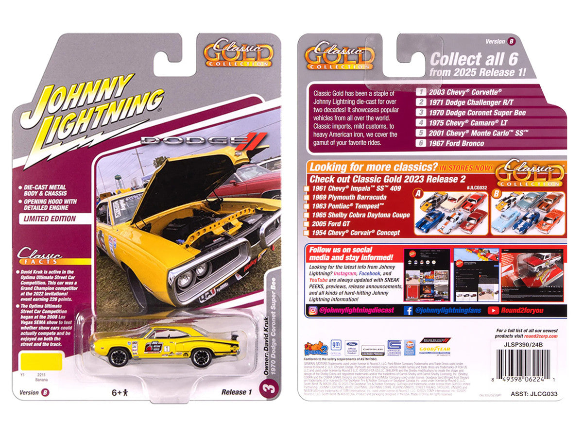 1970 Dodge Coronet Super Bee #1 "David Kruk" Banana Yellow with Black Stripes and Top "Classic Gold Collection" 1/64 Diecast Model Car by Johnny Lightning LuxuryLifeWay Online Store