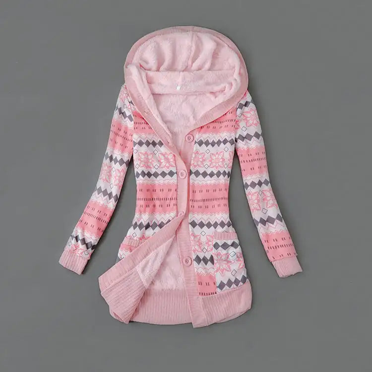 Thick Printed Hooded Knitted Cardigan Jacket