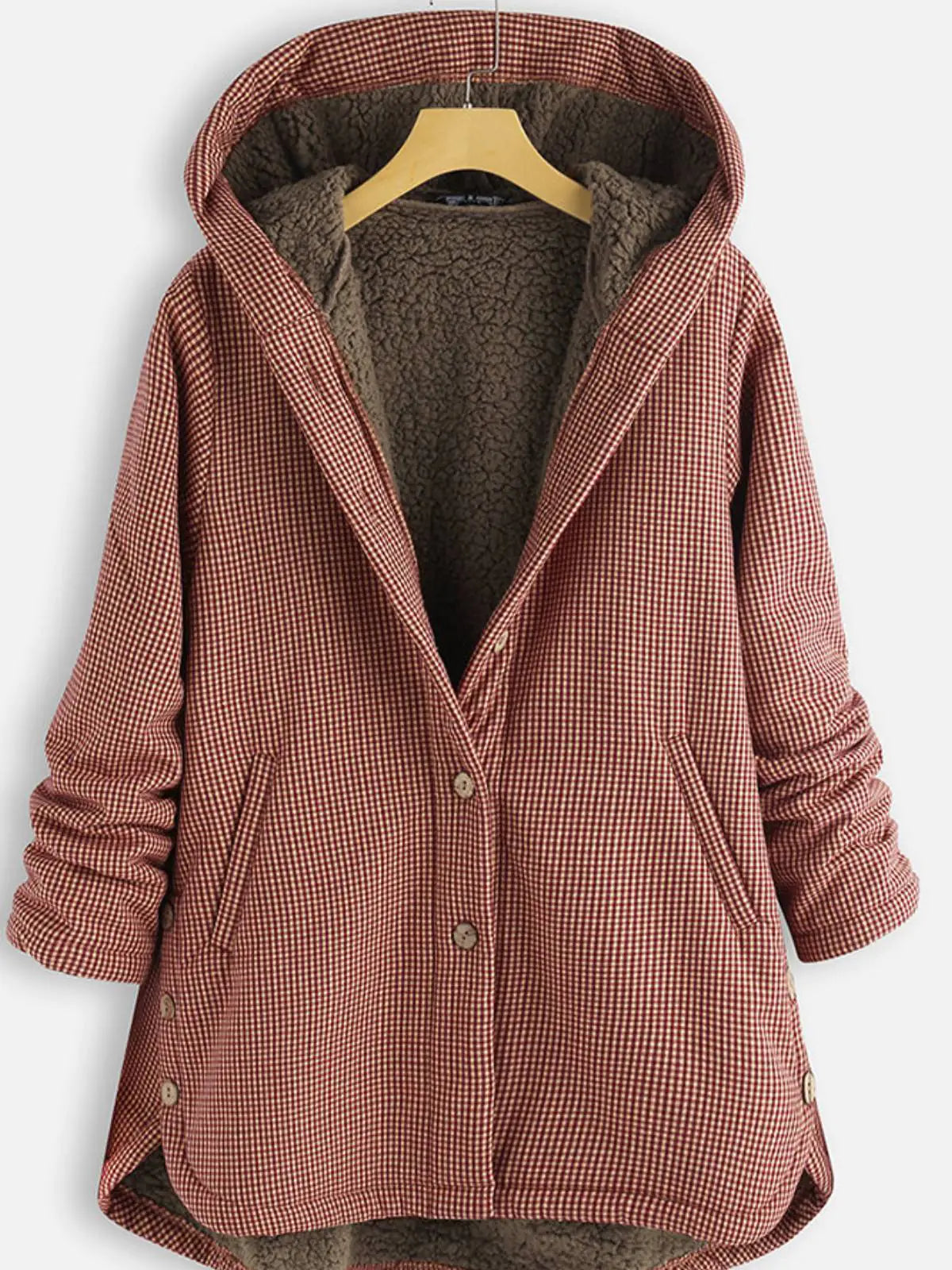 Solid Color Button Hooded Jacket and Plaid Jacket