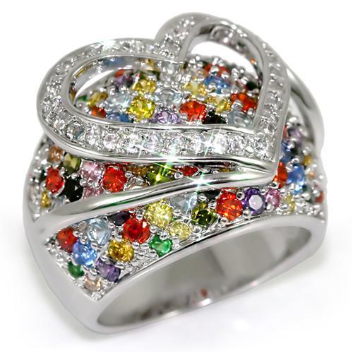 LO1510 - Rhodium Brass Ring with AAA Grade CZ  in Multi Color LuxuryLifeWay Online Store