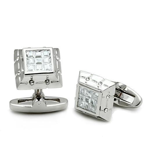 LO2306 - Rhodium Brass Cufflink with AAA Grade CZ  in Clear LuxuryLifeWay Online Store