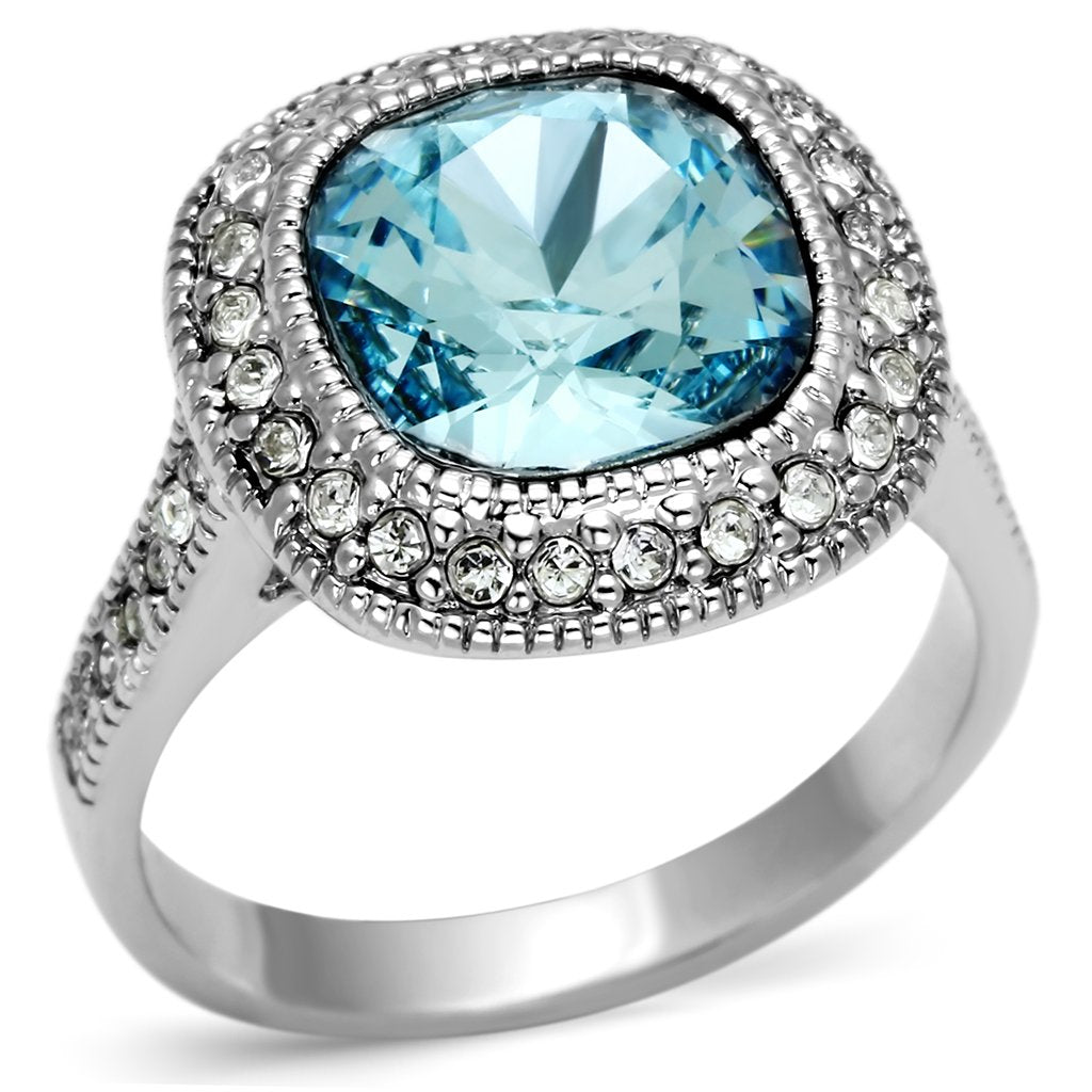 LO2506 - Rhodium Brass Ring with Top Grade Crystal  in Sea Blue LuxuryLifeWay Online Store