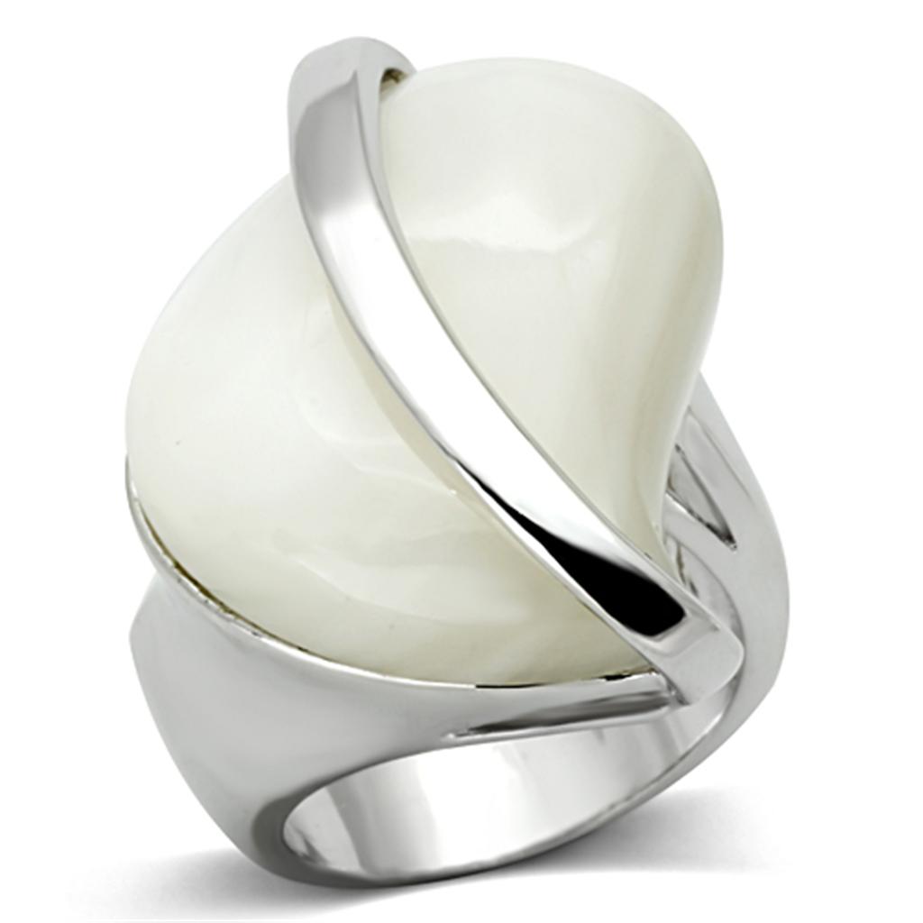 LO2944 - Rhodium Brass Ring with Synthetic Synthetic Stone in White LuxuryLifeWay Online Store