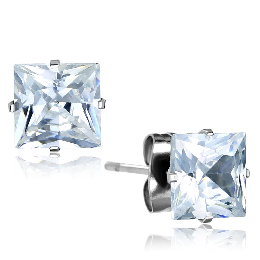 LO3315 - High polished (no plating) Stainless Steel Earrings with AAA Grade CZ  in Clear LuxuryLifeWay Online Store