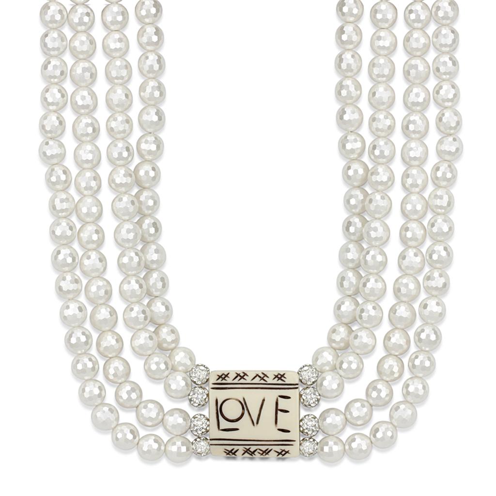 LO3820 - Antique Silver White Metal Necklace with Synthetic Glass Bead in White LuxuryLifeWay Online Store