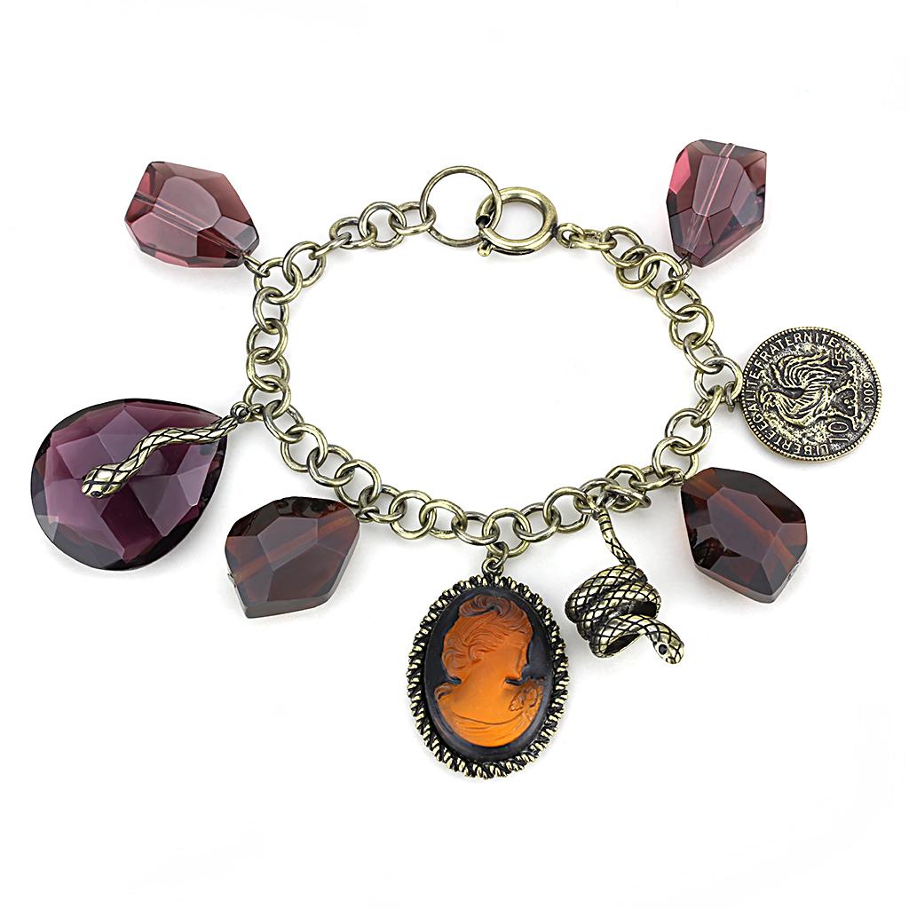 LO4223 - Antique Copper Brass Bracelet with Synthetic Synthetic Glass in Amethyst LuxuryLifeWay Online Store