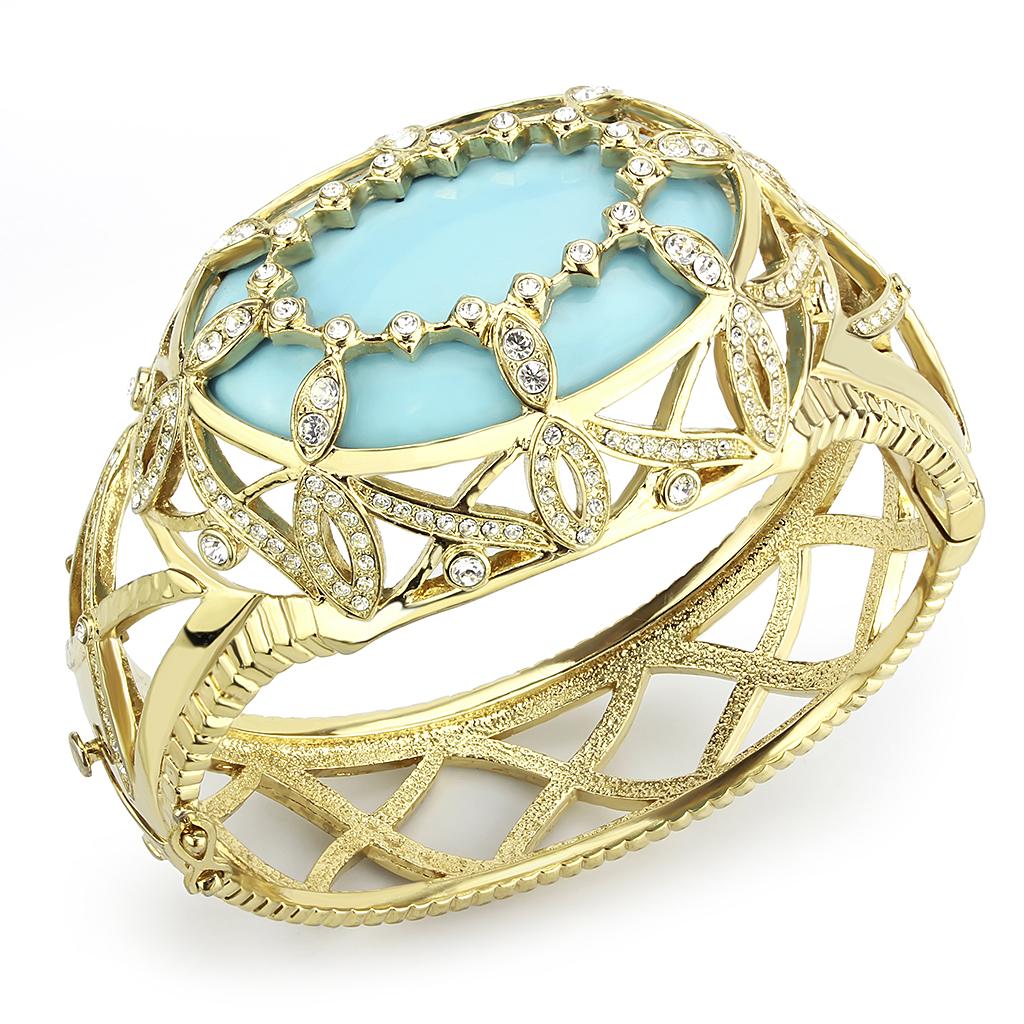 LO4348 - Gold Brass Bangle with Synthetic  in Sea Blue LuxuryLifeWay Online Store