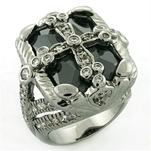 LOA708 - Rhodium + Ruthenium Brass Ring with AAA Grade CZ  in Jet LuxuryLifeWay Online Store