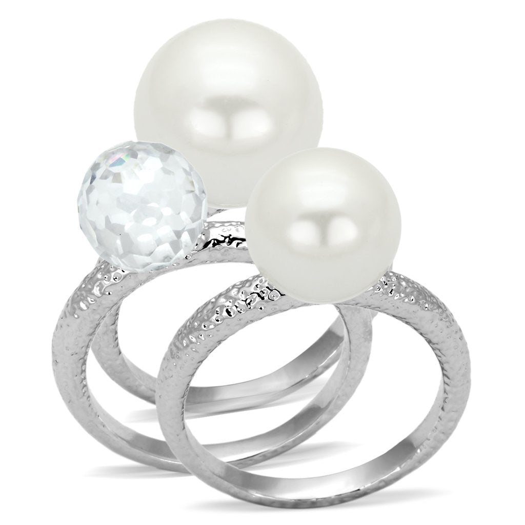 LOA834 - Rhodium Brass Ring with Synthetic Pearl in White LuxuryLifeWay Online Store