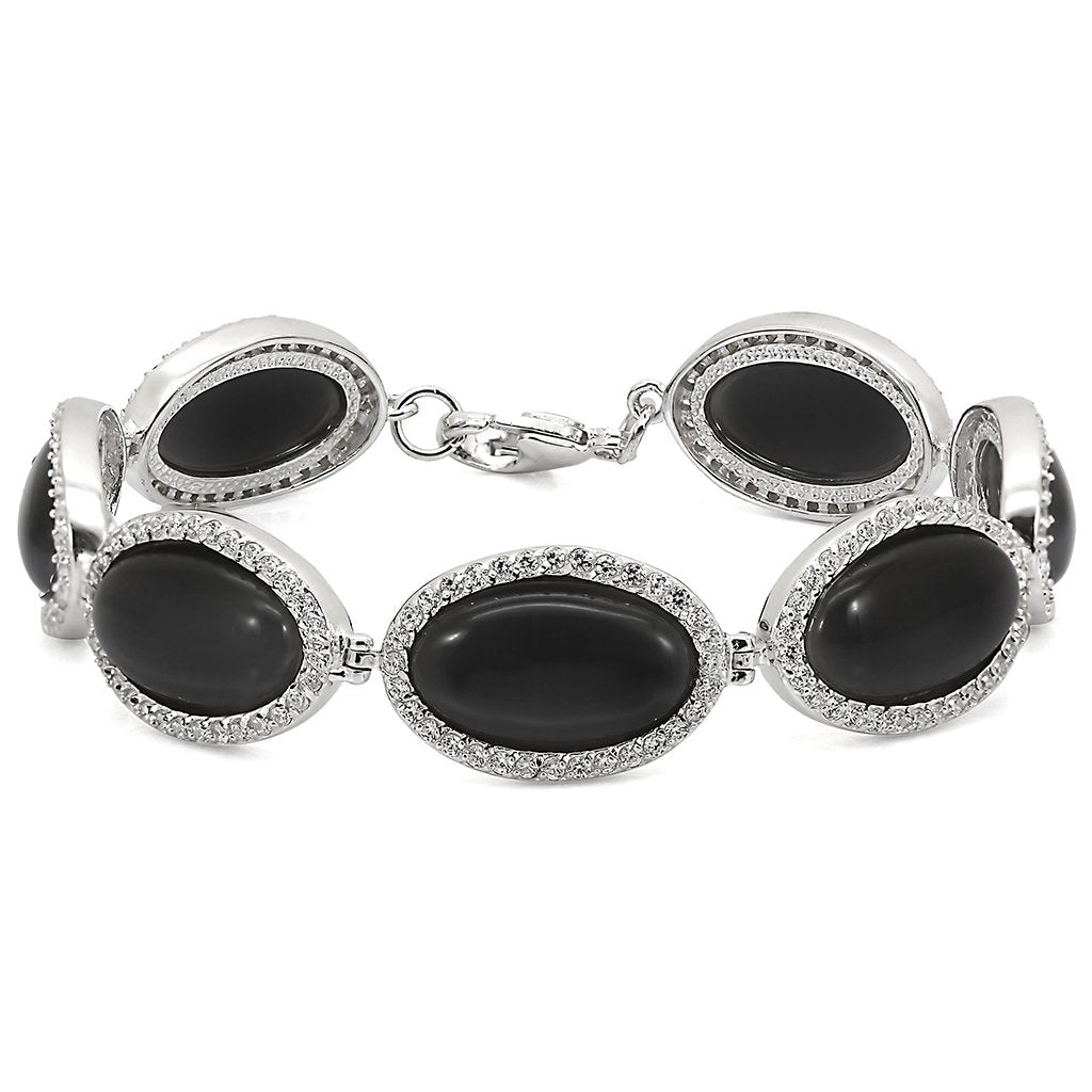 LOS330 - Rhodium 925 Sterling Silver Bracelet with Synthetic Cat Eye in Jet LuxuryLifeWay Online Store