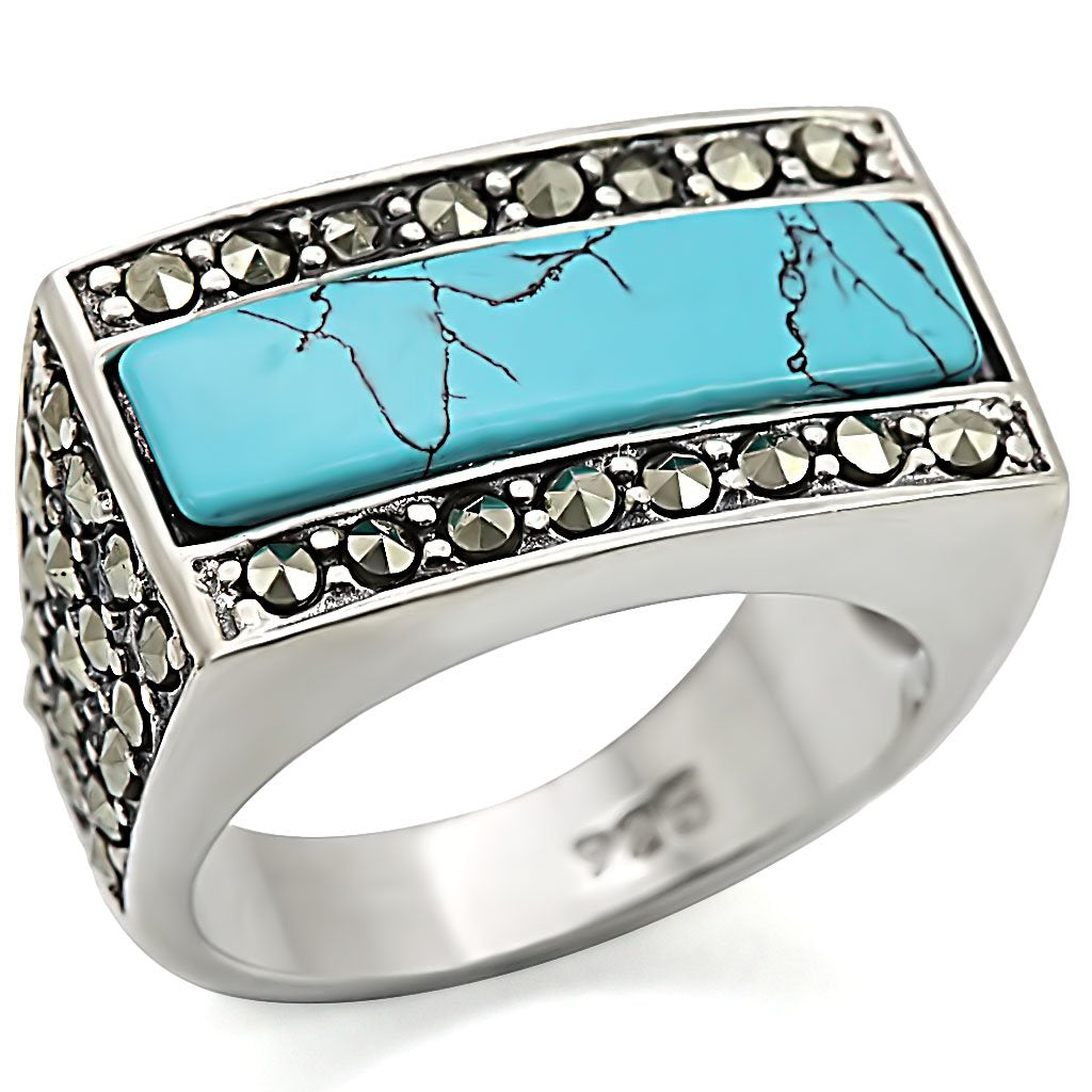LOS461 - Antique Tone 925 Sterling Silver Ring with Synthetic Turquoise in Sea Blue LuxuryLifeWay Online Store