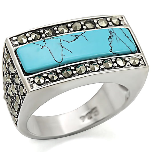 LOS461 - Antique Tone 925 Sterling Silver Ring with Synthetic Turquoise in Sea Blue LuxuryLifeWay Online Store