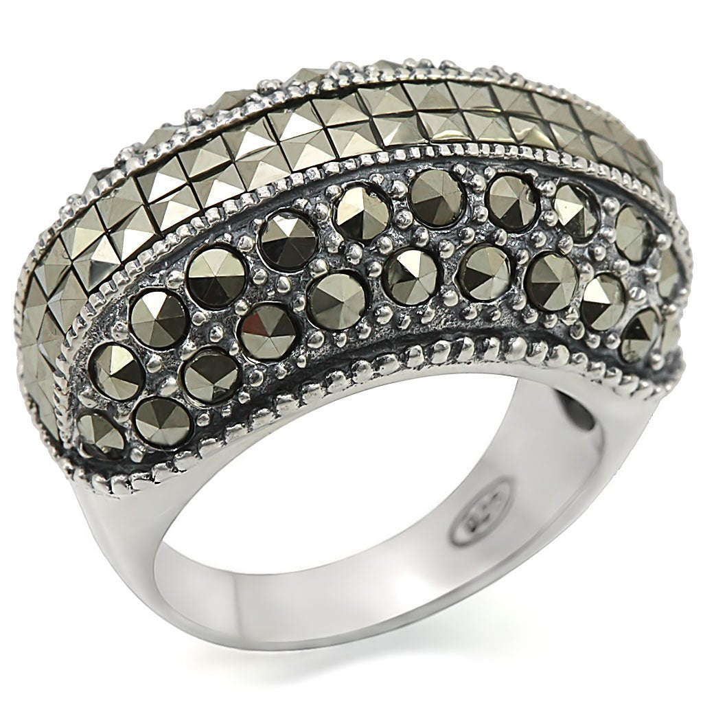 LOS466 - Antique Tone 925 Sterling Silver Ring with Synthetic Marcasite in Black Diamond LuxuryLifeWay Online Store