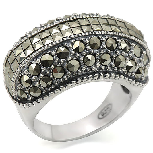 LOS466 - Antique Tone 925 Sterling Silver Ring with Synthetic Marcasite in Black Diamond LuxuryLifeWay Online Store