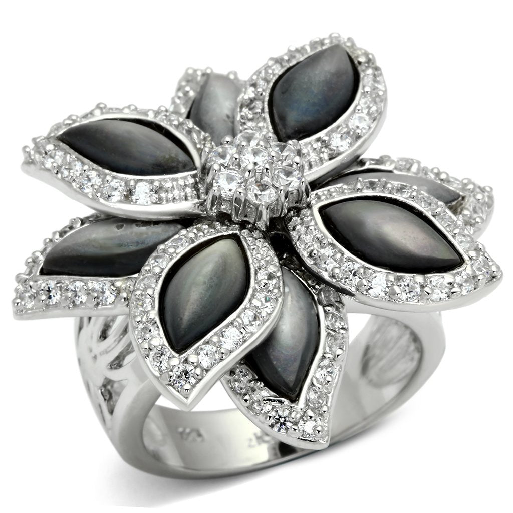 LOS555 - Rhodium 925 Sterling Silver Ring with Precious Stone Conch in Jet LuxuryLifeWay Online Store