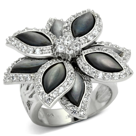 LOS555 - Rhodium 925 Sterling Silver Ring with Precious Stone Conch in Jet LuxuryLifeWay Online Store