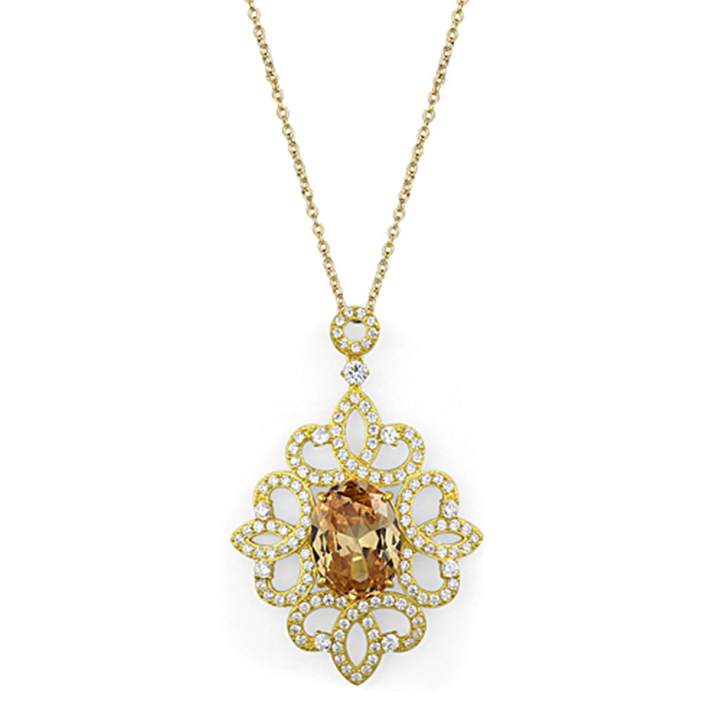 LOS784 - Gold 925 Sterling Silver Chain Pendant with AAA Grade CZ  in Champagne LuxuryLifeWay Online Store