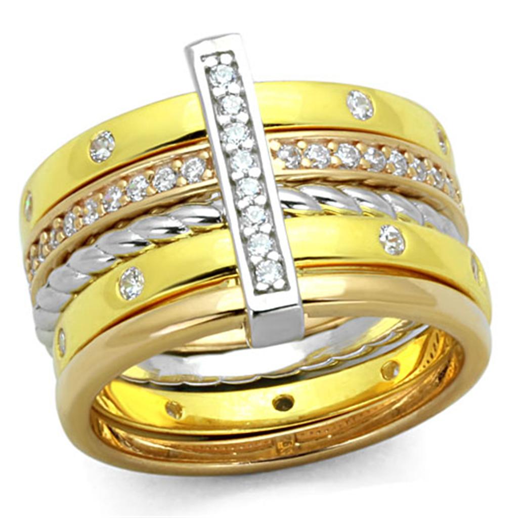 LOS810 - Rhodium + Gold + Rose Gold 925 Sterling Silver Ring with AAA Grade CZ  in Clear LuxuryLifeWay Online Store